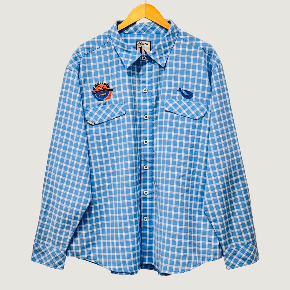Mojo Fishing Shirt Mens XXL Blue Plaid Bay Flats Lodge Long Sleeve Button Down